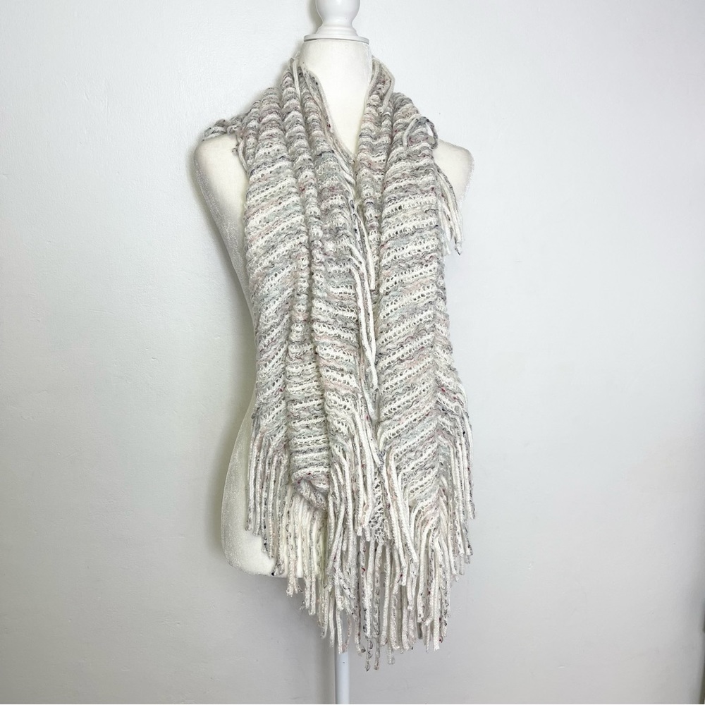 Infinity Scarf Stripes Beige Knited Fringe Bohemian Oversized Wrap - Picture 11 of 14